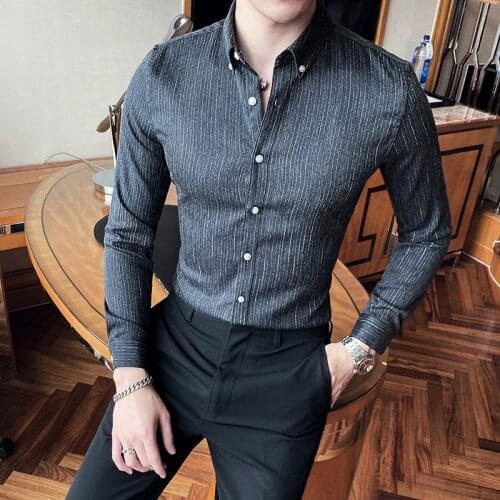 Retro Striped Shirts Men Slim Fit Formal Dress Shirts British Business Social Party Blouse Anti-wrinkle Shirt Camisa Masculina