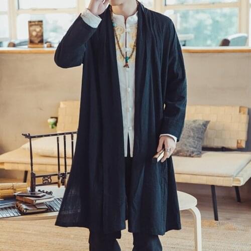 Streetwear Cotton Tang Suit Coat Men 2021 Summer Mens Long Coat Male Hanfu Chinese Style Robe Harujuku Kimono Cardigan Men 30657