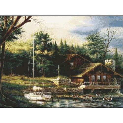 Mixed Stitch, Duck Lake Wooden house by the river Embroidery Needlework 14CT Unprinted Cross Stitch Kits Art DIY Handmade Decor