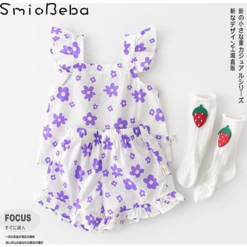 Baby Girls Outfit Summer Korean Childrens Newborn 2pcs Suit Flower Print Flash Sleeve Cool Two Piece Sets Kids Designer Clothes