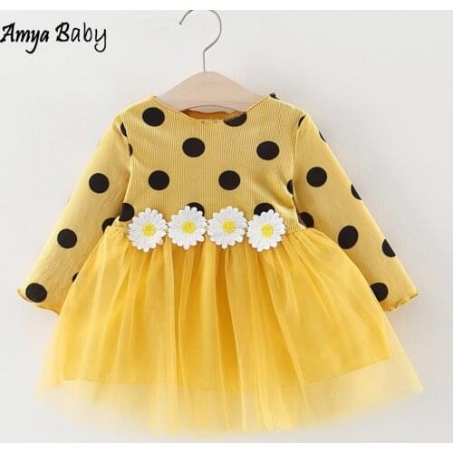 New 2020 Spring Baby Girl Dress Polka Dot Flower Long Sleeve Infant Clothing Little Girls Dresses For Birthday Party