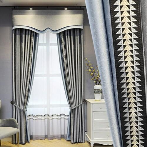 Custom curtain High quality modern Nordic gray Jacquard lace Splicing livingroom blackout curtain valance tulle panel M1095