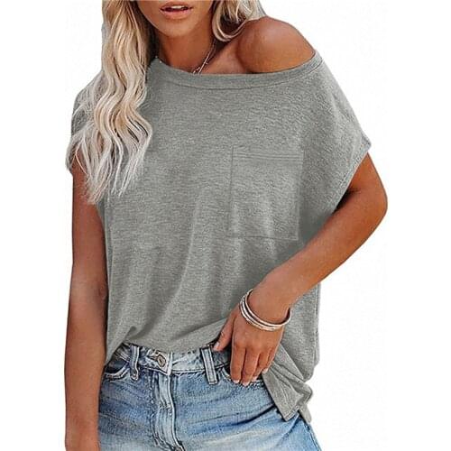 2021 Women T-shirts Summer Fashion Solid Color One Off Shoulder Tops With Pocket Short Sleeve Females Basic T-shirt