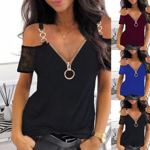 Unif Womens Zipper V Neck Cold Shoulder Shirt Ladies Casual T-shirt Summer Tops Fairy Grunge Y2k Top Goth Clothes