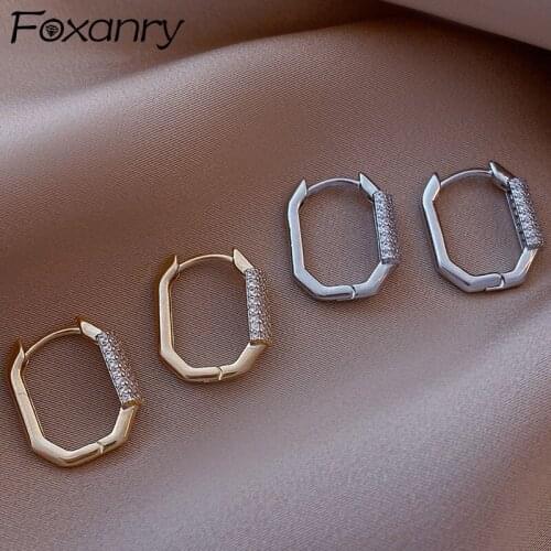 FOXANRY Prevent Allergy 925 Sterling Silver Stud Earrings for Women New Accessories Trendy Simple Geometric Zircon Party Jewelry