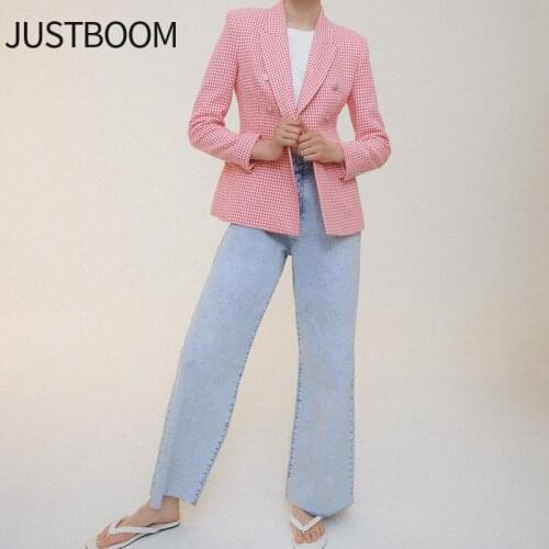 2021 Summer New Womens Slim Casual Suit Jacket Plaid Jacket Double-breasted Long Sleeve Office Jacket