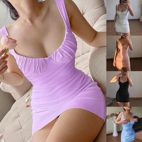 Hot Sales Women Dress Solid Color Sleeveless Cotton Low Cut Bodycon Mini Dress Streetwear for Party