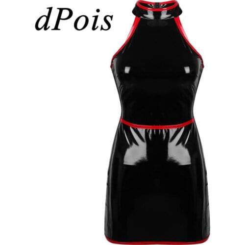 Womens Fashion Wet Look Patent Leather Bodycon Dress Halter Neck Sleeveless Dresses Slim Fit Sundress for Party Night Clubwear
