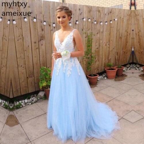 New Sky Blue Elegant V Neck Lace Appliques Tulle 2020 Evening Dress Party Prom Formal Gown Plus Size Robe De Soiree Event Dress