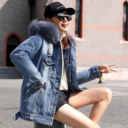 Winter High Quality Down Jacket Coat Women Thicken Warm Jeans Denim Jacket Female Fox Fur Collar Hooded Parka Coat Ms Down Coats