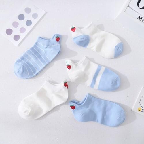 5 Pairs Cute Japanese Korean Women Cotton Socks White Blue Strawberry Ankle Sock Short Sock Fashion Fruit Slippers Boat Sock