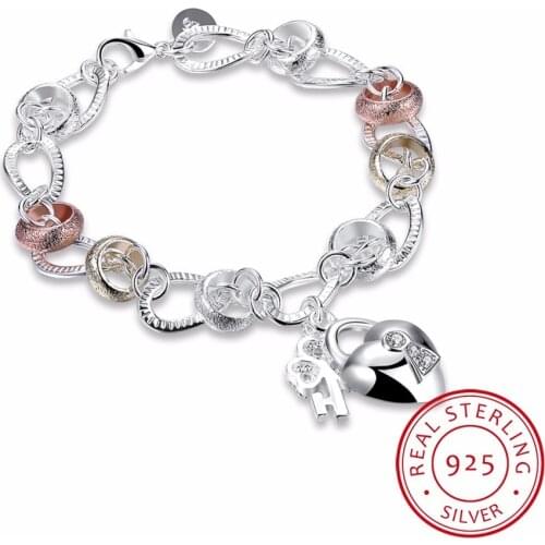 925 Sterling Silver Charm Bracelet For Women 925 Silver Fine Jewelry Crystal Heart Lock Flower Simple Droplets Lobster Clasp