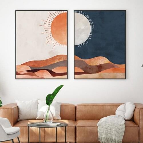 Boho Abstract Sun Moon Prints Desert Landscape Canvas Painting Vintage Posters Mid Century Modern Wall Art Pictures Home Decor