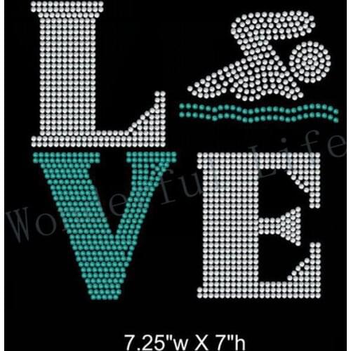 Free Shipping Love Square Swim rhinestone iron on transfers design for clothinhg