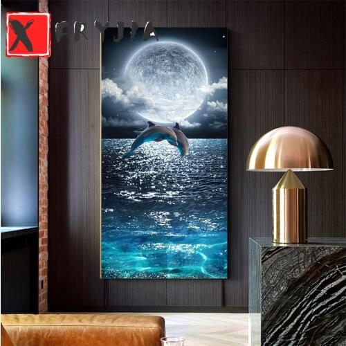DIY diamond painting Dolphins splashing on the night of the full moon cross stitch full square / round diamond home decoration