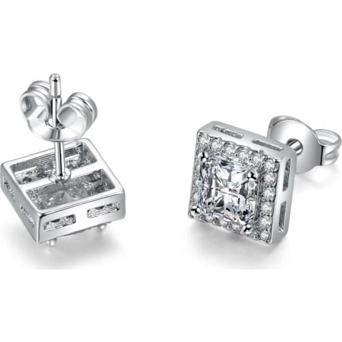 Classic Geometric Pure Crystal Stud Earrings for Women Sliver Color Square Cubic Zirconia Wedding Earing for Girls Xmas E846