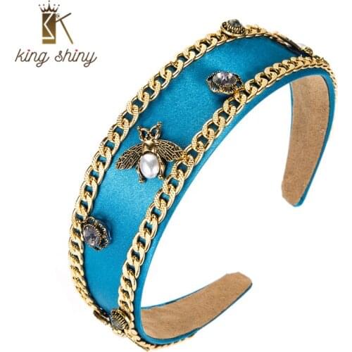 King Shiny Baroque Imitation Pearl Bee Headband for Woman Vintage Gold Color Chain Sparkly Crystal Beaded Hairband Girls Crowns