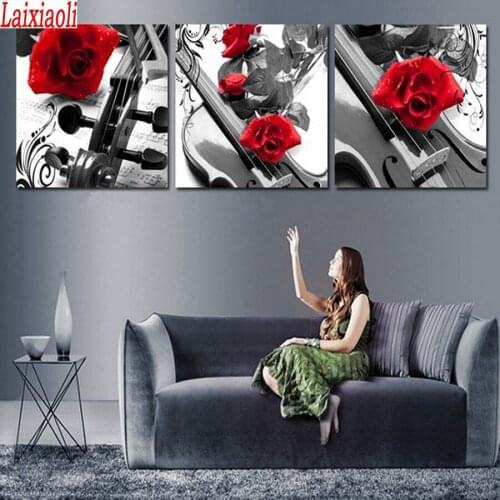 Red rose diamond embroidery cros sstitch black red art 3 pcs set hobby decoration DIY diamond rhinestone painting violin pattern