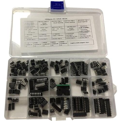 MOOL IC Chip Assortment 150Pcs,Opamp,Oscillator,Pwm,PC817,NE555,LM358,LM324, JRC4558,LM393,LM339,NE5532 Incl. Sockets
