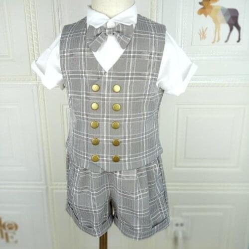 Toddler Boys double breasted vest+playsuit shorts spring Baby cotton plaid Children Kid Suits 3pcs birthday Party Costume