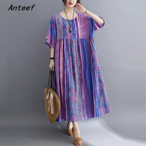 Short sleeve plus size cotton vintage floral dresses for women casual loose long woman summer dress elegant clothes 2021