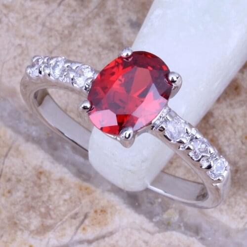 Outstanding Red Garnet White CZ Silver Plated Fashion Ring Size 6 / 7 / 8 / 9 R0081
