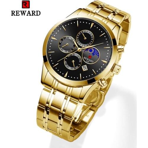 REWARD Mens Watches Luxury Quartz Watch Casual fashion Steel Strap Men Chronograph Waterproof Moon phase Wrist Watch