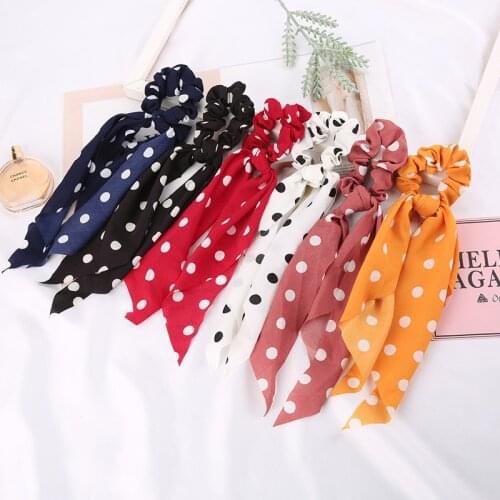 Women Streamers Scrunchie Polka Dot Print Elastic Hair Bands Rubber Rope Girls Hair Ties Korean Sweet Headwear Hair Accessories