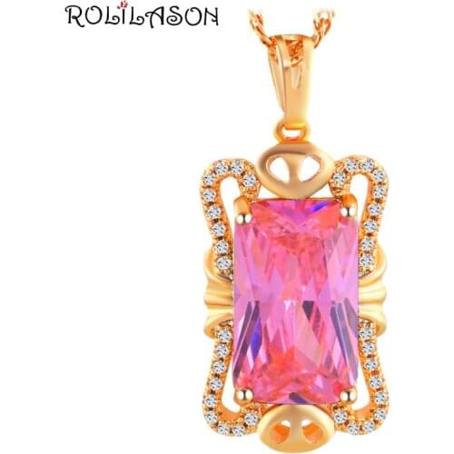 ROLILASON New Designer Brand Romantic Pink Zircon Gold Tone Fashion Jewelry Pendant for Lover LNS637