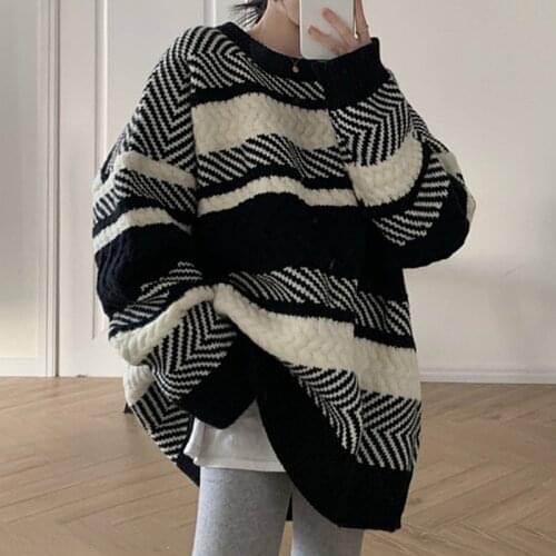 Streetwear Striped Sweater Women Korean Autumn Winter Warm Pullovers Oversized Knitted Sweaters pull femme jumper