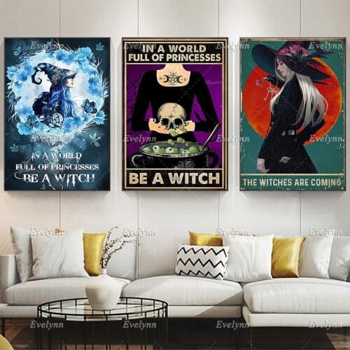 In A World Full Of Princesses Be A Witch Retro Poster, Halloween Prints, Witch Art Print, Witches Magic Knowledge Wall Art