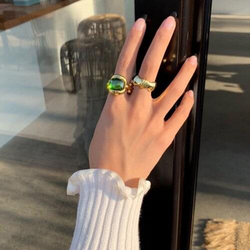 Vintage Emerald Ring Exaggerated Female Bamboo Knot Geometric Shape Korean Style Jewelry Index Finger Accessories Birthday Gifts