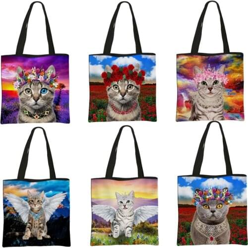 Cartoon Floral Cat 3D Printed Tote Bag Ladies Shoulder Bag Foldable Casual Shopping Bag Outoor Beach Bag Daily Women Hand Bag
