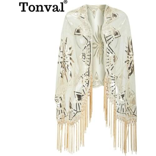 Tonval Luxury Accessory Open Front Vintage Flapper Fringe Shawl Women Going Out Party Mesh Sequin Elegant Cape Shawls