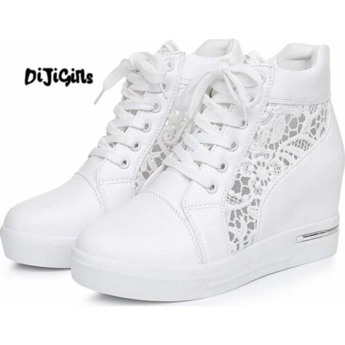 Women Wedge Platform Rubber Brogue Leather Lace Up High heel Shoes Pointed Toe Increasing Creepers White Silver Sneakers