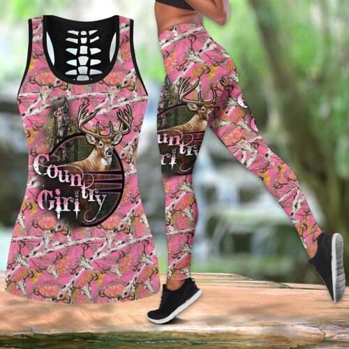 New womens tight yoga pants Country Girl Hunting Deer 3D print Leggings and Hollow out Tank Top Fashion casual Leggings