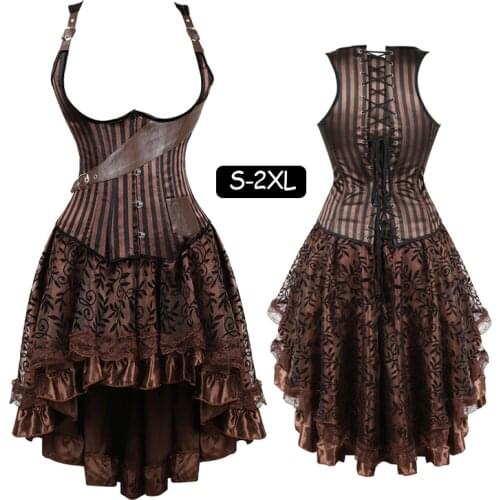 Women Gothic Steampunk Tesla Steel Boned Underbust Corset Dress Striped lingerie Waist Training Corsets Vest skirt set plus size