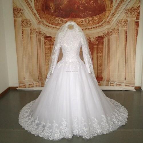 YNQNFS RWD20 Robe Soiree Dubai 1m Cathedral Train Long Sleeve Ball Gown Muslim Wedding Dress Arabic Turkey Aibye Bridesmaid 2019