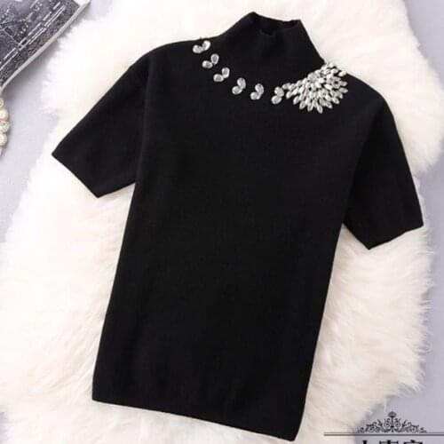 2020 spring new beaded diamond turtleneck pullovers short-sleeved women wool knitted shirt tops