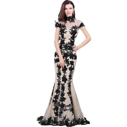 2021 Fashion Mermaid Evening Dresses High Collar Capped Sleeves Lace Appliques Prom Gowns Custom Made Sweep Train Party Dress