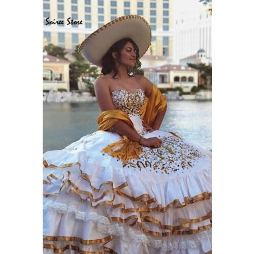 Ball Gown Quinceanera Dresses Mexican White And Gold Crystal Prom Dresses Ruffels Sweet 15 Dress Cinderella Party Gown 16 Year
