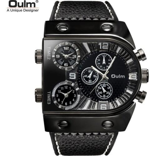 Oulm Mens Watches Mens Quartz Casual Leather Strap Wristwatch Sports Man Multi-Time Zone Military Male Watch Clock Relogios