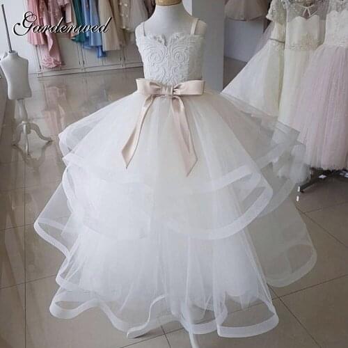 Gardenwed Ivory Lace Tulle Scoop Celebrity Dresses Satin Kids Bow Sashes Prom Dress Backless Layers Flower Girl Dresses,Vestido