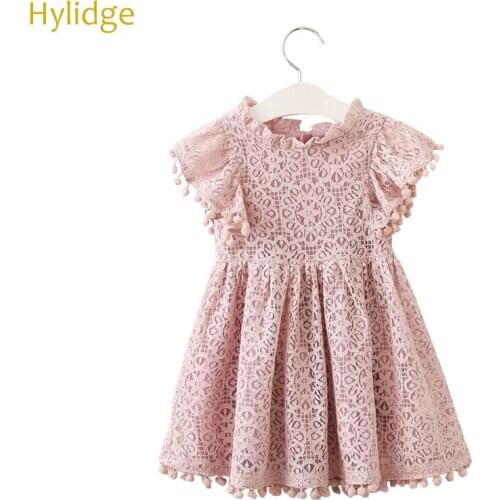 Hylidge Spring Autumn Party Dress Girls Princess Lace Dress Children Kids Openwork Petal Sleeve with Cute Small Ball Clothes