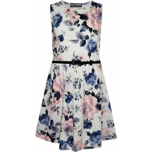 Kids Dresses for Girls Girls Skater Dress Kids Ivory and Blue Floral Print Summer Party Dresses 7-13 Year