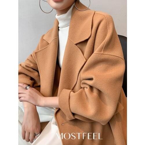Double sided tweed coat womens wool tweed coat 2021 autumn and winter new cashmere free medium and long Korean silhouette Camel