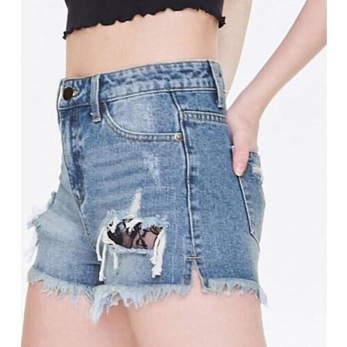 Fashion Women Holes Lace Jeans Shorts Summer Sexy Slim High Elastic Denim Shorts Vintage Tassel High Waist Cowboy Shorts Female