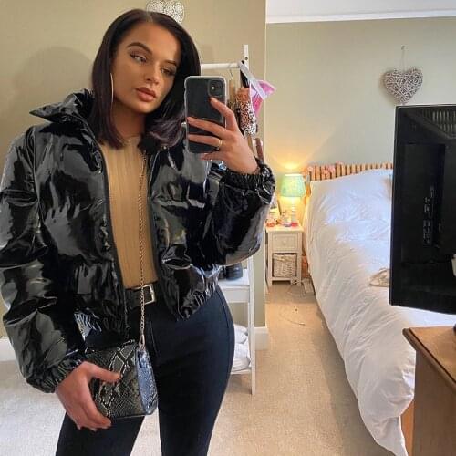 European And American Fashion 2020 Winter New Womens Clothing Solid Color Zipper Mirror Leather Thermal Cotton Coat Top