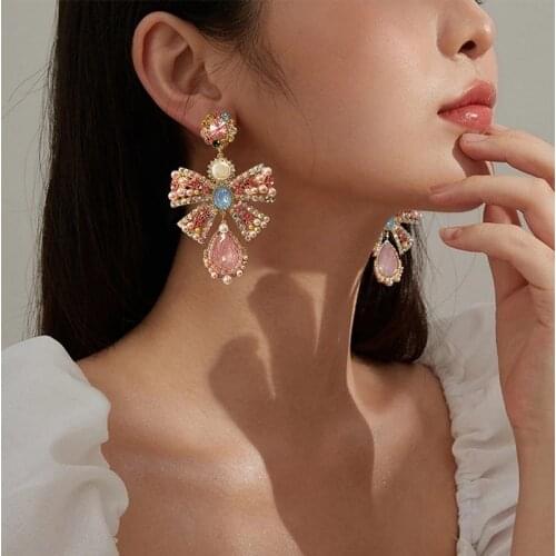 Korean Luxury Pink Rhinestone Bowknot Exaggerates Drop Earrings For Women Fashion Waterdrop Crystal Pendientes Party Jewelry