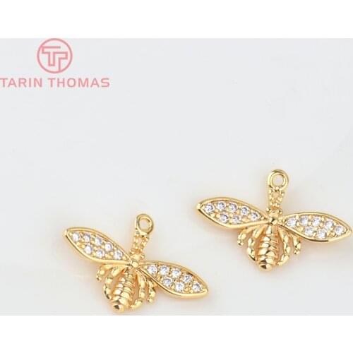 4PCS 12.3x18.3MM Hole 1MM 24K Gold Color Brass with Zircon Bee Charms Pendants High Quality Diy Jewelry Findings Accessories